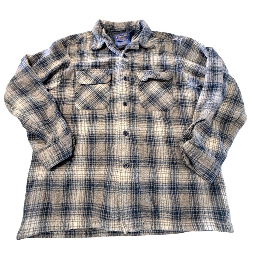 Pendleton Board Shirt Mens Large Blue Grey Plaid 100% Virgin Wool Button Down